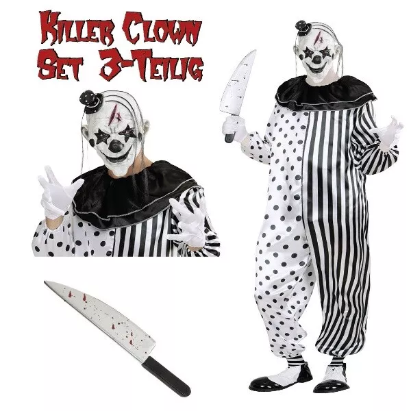 KILLER CLOWN Kostüm Overall MIT MASKE + MESSER Pierrot Halloween Psycho Horror