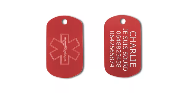 Médaille ALERTE MEDICALE Chien Chat modèle ROUGE 38X22 mm. GRAVURE GRATUITE