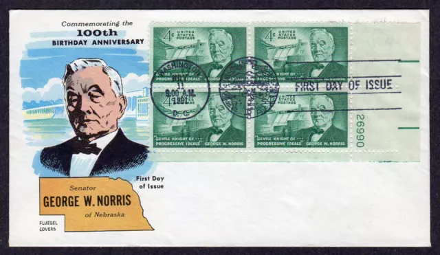 1961 Senator Norris Memorial (1184) - Fluegel Plate Block FDC MW689