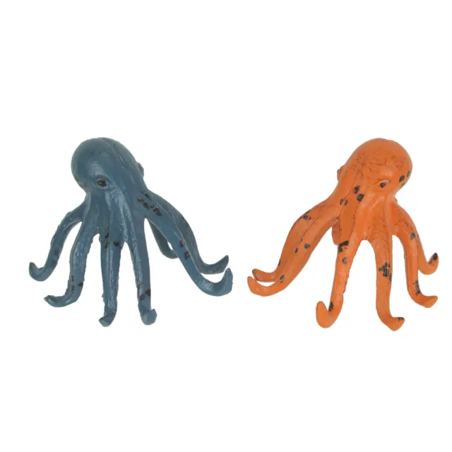 Set of 2 Weathered Cast Iron Octopus Tabletop Statues Blue and Coral