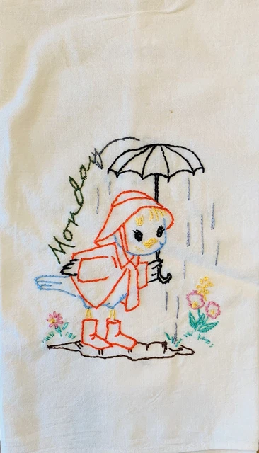Set Of 7 Vintage Birds Embroidered Muslin Tea Dish Towels Days Of The Week
