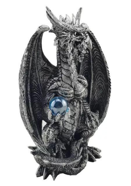 Dragon Holding Blue Orb Silver Finished Ornament Statue Figurine Sculpture 20cm