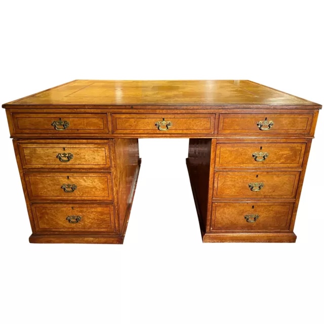 19th Century English Birdseye Maple Partners Desk with Tooled Leather Top