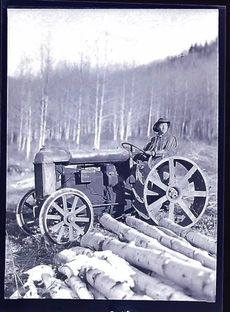 Vintage Photo Negative 1920's Man Sitting On Antique Tractor By Logs 6x3