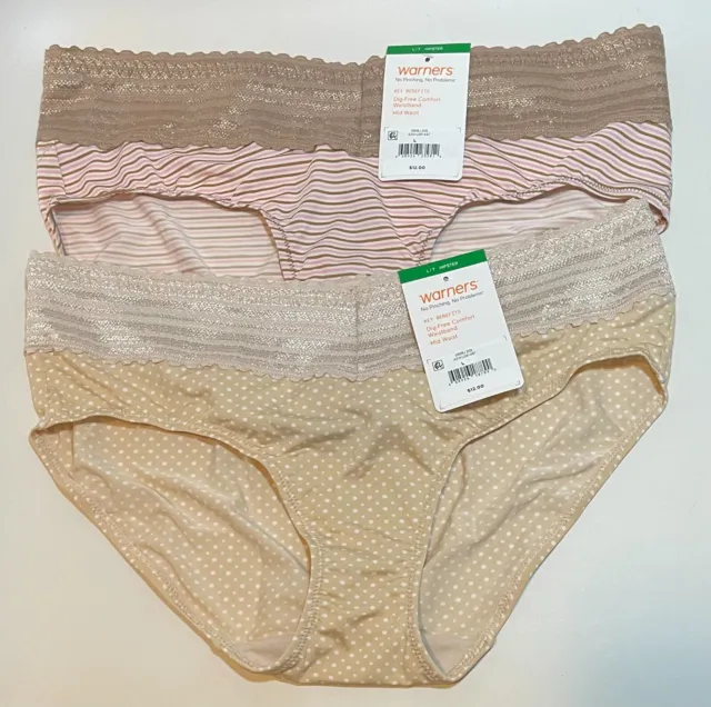 NWT 2 Warner's Lace Hipster Panties No Pinching/Problems 5609J Dots/Stripes 7/L