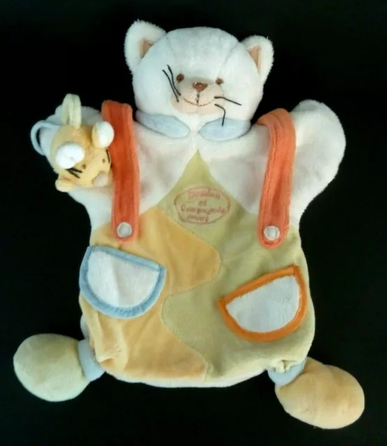 *. Doudou Et Compagnie Chat Marionnette + Souris Jaune Vert Blanc Bleu Poche Tbe