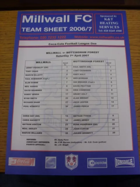 07/04/2007 Colour Teamsheet: Millwall v Nottingham Forest . Thanks for viewing t