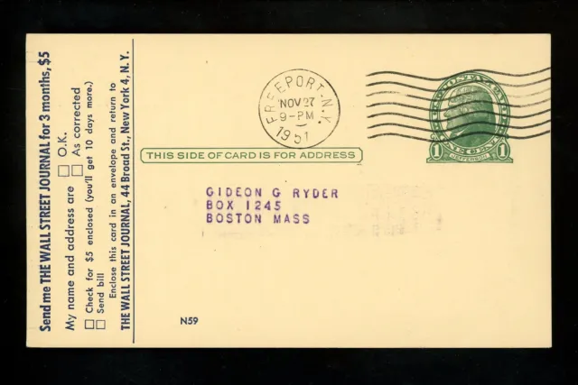 US Postal History #UX27 Card Finance Advertising Wall Street Journal 1951 NY
