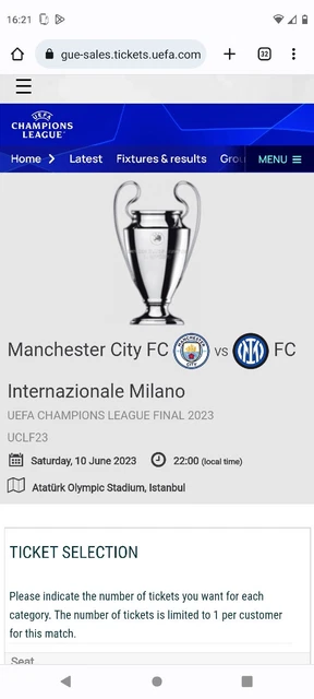Vendo 200€ 1 Codice Per biglietto finale champions league Settori Disponibili
