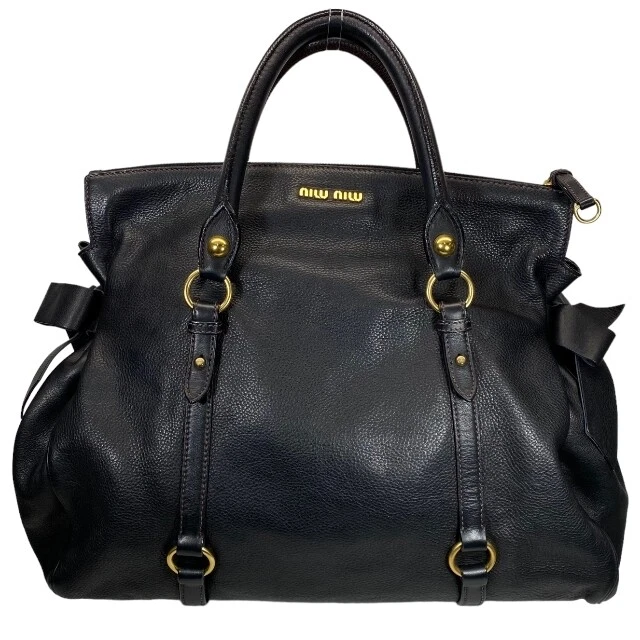 MIU MIU Vitello Lux Vitellolux Handbag Bag Side Ribbon Logo Leather Black Women