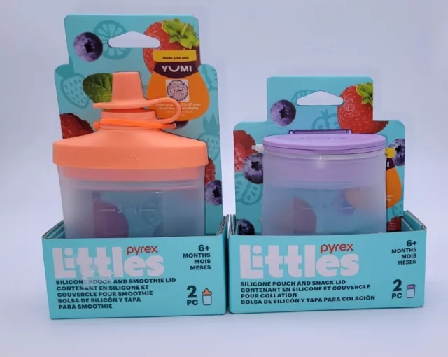 NEW Pyrex Littles 2 Silicone Snack Pouches Smoothie Snack Lids Kids 6+ mo YUMI