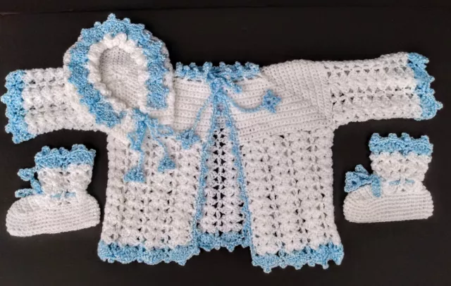 White & Blue Baby 3 Pc Set Crochet Sweater, Bonnett Hat & Booties Handmade New