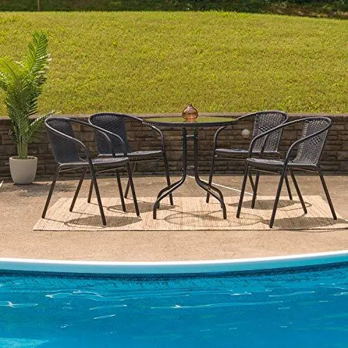 28'' Round Glass Metal Table with Black Rattan Edging and 4 Black Rattan Stac...