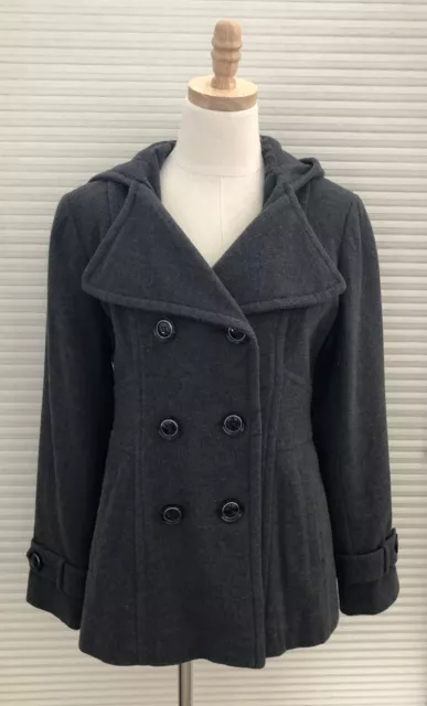 Kenneth Cole Reaction Womens Gray Size 10 Wool Hooded Pea Coat Gray