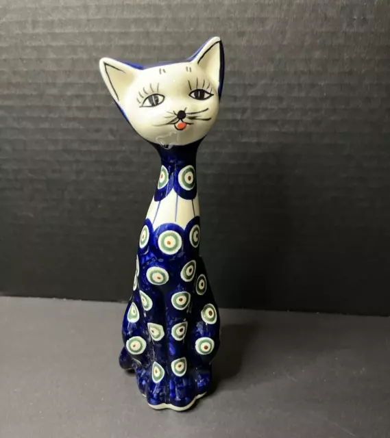 Signed Polish Pottery Cergor Peacock Design Hand Painted Cat Figurine 8" Tall