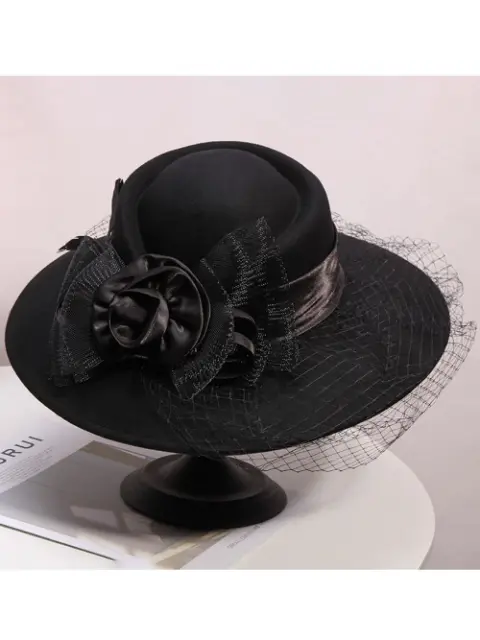 Veil Women Fedora Cloche Hats Wide Brim Felt Hat Bowknot Church Caps 56-58cm