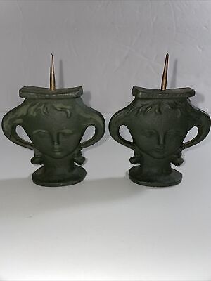 Vintage Bronze Pair Child Woman Head Temple Candle Stick Stand