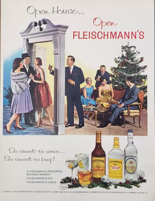 1962 Fleischmann's Whiskey Gin Vodka Christmas Open House Vintage Print Ad