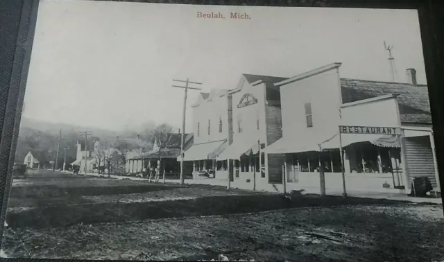 Postcard Street Scene Restaurant in Downtown Beulah, Michigan Benzie County 1914