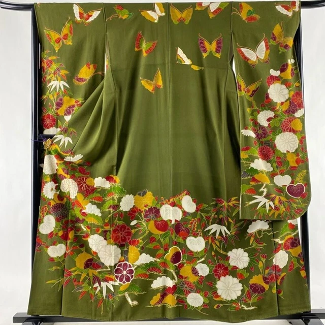 Woman Japanese Kimono Furisode Silk Pine Bamboo Plum Butterfly Foil BrownGreen