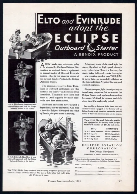 1931 Eclipse Starter print ad 14 HP Elto Speedster, 35 HP Evinrude Speedifour