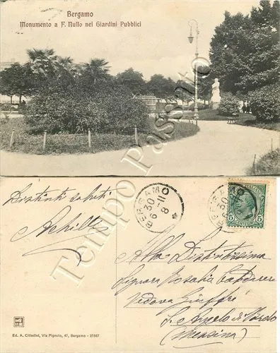 Cartolina di Bergamo, giardini pubblici (monumento a Francesco Nullo) - 1911
