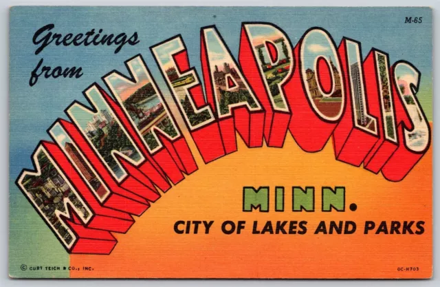 Postcard Greetings from Minneapolis Minnesota large letter linen O124