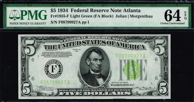 LGS. LIGHT GREEN SEAL. $5 1934 Atlanta FRN. Fr. 1955-F. PMG 64 EPQ