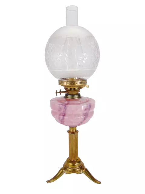 Vintage Brass Tripod Duplex Oil Lamp with Pink Marbled Glass Font & Etched Shade