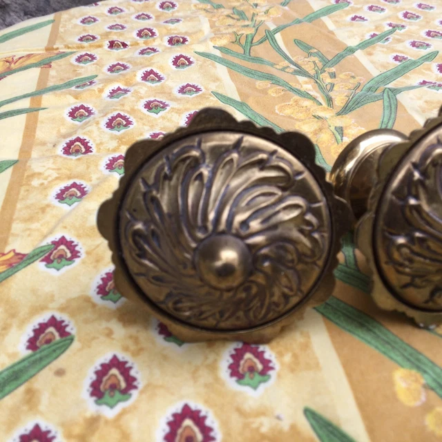 FRENCH Brass Drape Curtain Tiebacks 2 Pair Rococo Medallion Vintage Farmhouse