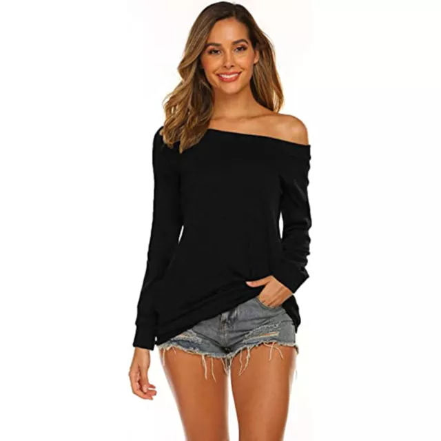 Women's Off The Shoulder Tops Summer Casual Boat Neck Long Sleeve T-Shirts 2