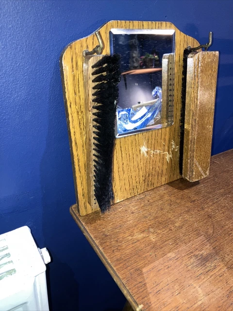 Vintage Hanging Wooden Clothes Brush & Mirror Set Art Deco