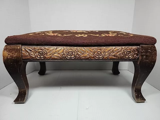 Vintage Floral Rose Carved Wood Footstool, Foot Rest Needlepoint Victorian Style 2