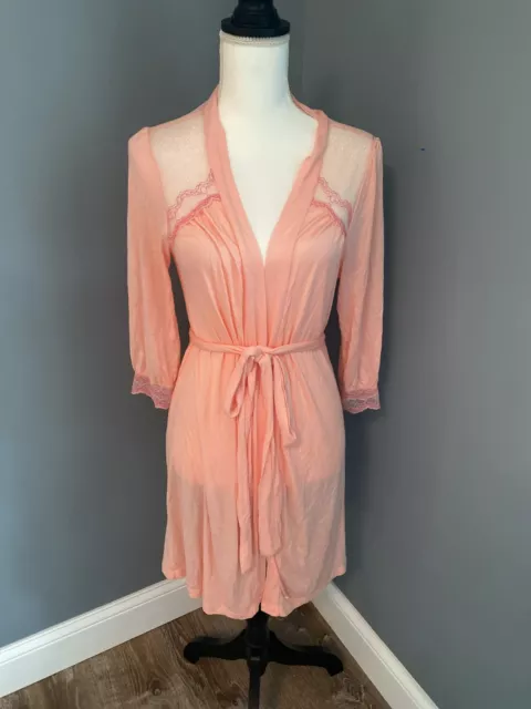 Eberjey Coral Peach Orange Long Sleeve Robe Lace Detail Sz S EUC