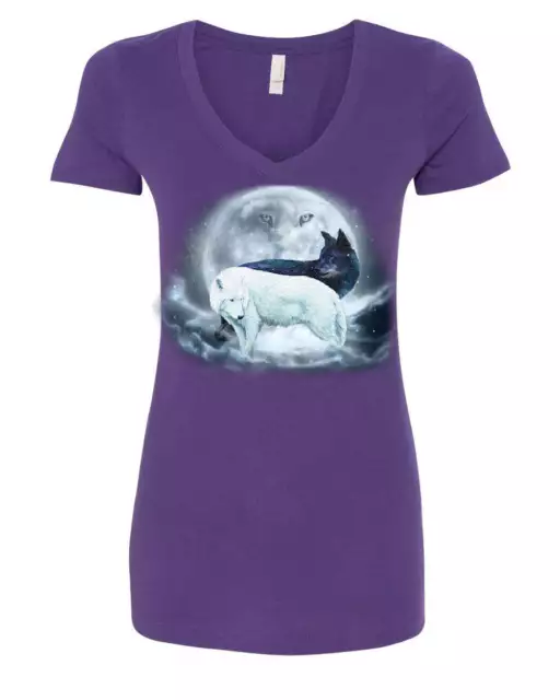 Yin & Yang Wolves Women's V-Neck T-Shirt Animals Wildlife Nature Wolf Pack Moon