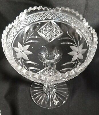 ABP American Brilliant Period 8 In Floral Pattern Cut Glass Compote Signed Clark