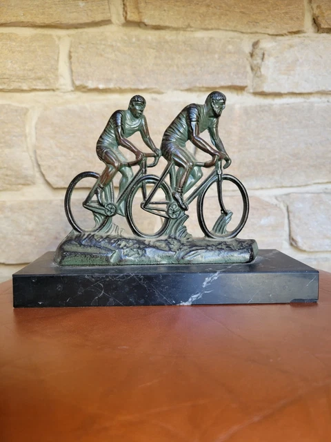 Ancien Trophée Cycliste – Sculpture Vélo Coureur, Bronze Patiné Sur Socle Marbre, Régule D'Époque