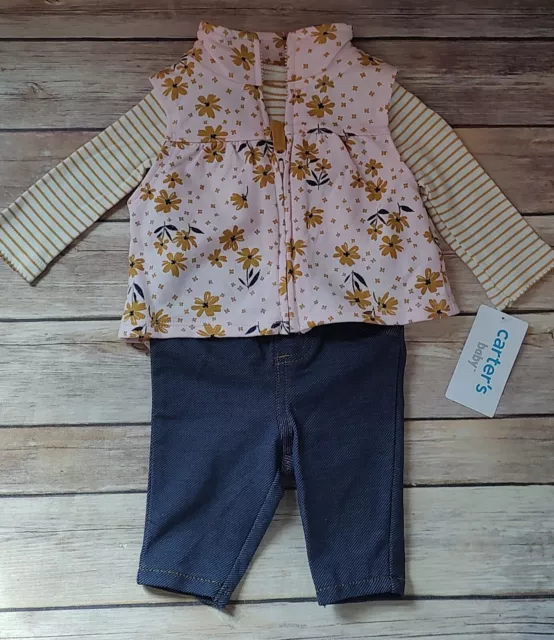 Carter’s NWT NB Baby Girl Outfit Floral Vest Striped Bodysuit And Pants A6