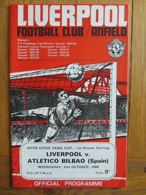 Vintage Liverpool FC football programme - 1968 (V Atletico Bilbao ) - Fairs Cup
