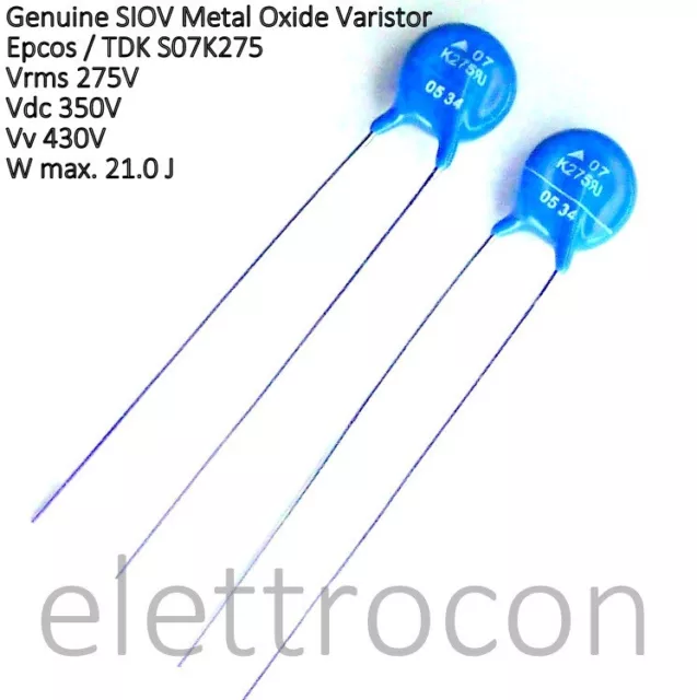 5 pezzi S07K275, 275 VAc, 350 VDc, 430 Vv, SIOV Varistor Originale Epcos / TDK