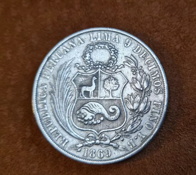 Peruanische Silbermünze von 1869, 1 SOL, 9 DECIMOS FINOS Gesamtgewicht ca 24,8 g