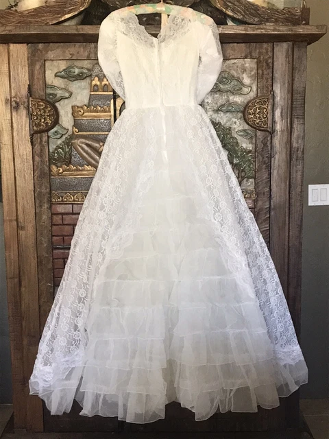 vtg 1950’s wedding dress lace & tulle ruffled chiffon princess gown
