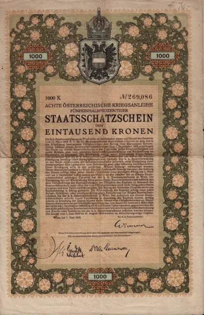 AUSTRIA   State / War Bond 1,000 Crowns  with dividend coupons Vienna dd 1918