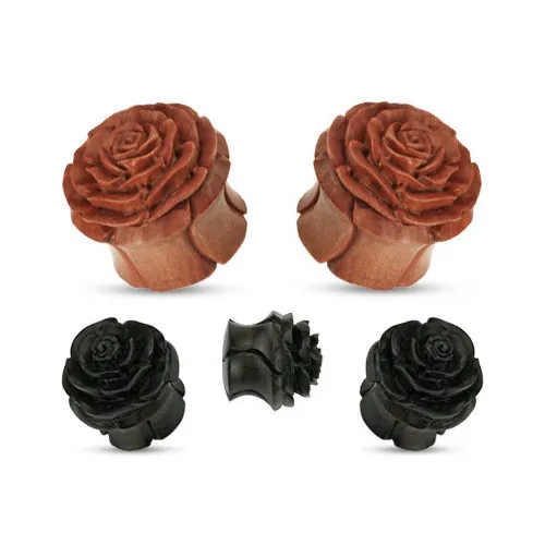 PAIR Rose in Bloom Sawo or Areng Wood Ear Plugs Flower Organic Gauges Earlets