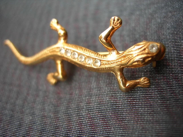 vintage BROCHE LEZARD métal doré et strass clair / LIZARD BROOCH