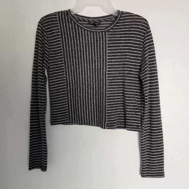 Topshop Womens Gray White Striped Long Sleeve Linen Blend Crop Top Size US 4