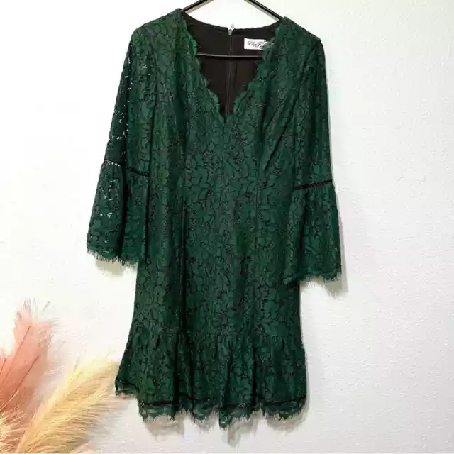 Eliza J EUC Bell Sleeve Green Patterned Eyelash Lace Dress 6