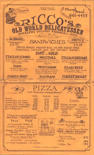1980s WHALERS VILLAGE, KAANAPALI, MAUI, HAWAII dinner menu RICCO'S DELI Tiki Bar