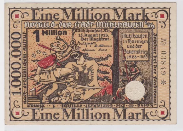 1 Million Mark Banknote Inflation Stadt Mühlhausen 15.8.1923 (141326)