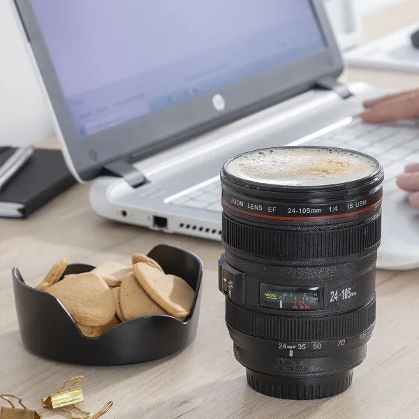 Kaffeebecher Kaffeetasse mit Deckel in Form eines Kameraobjektivs 400ml 2